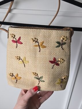 Fossil Straw Crossbody Bag with Multicolor Leaf Embroidery